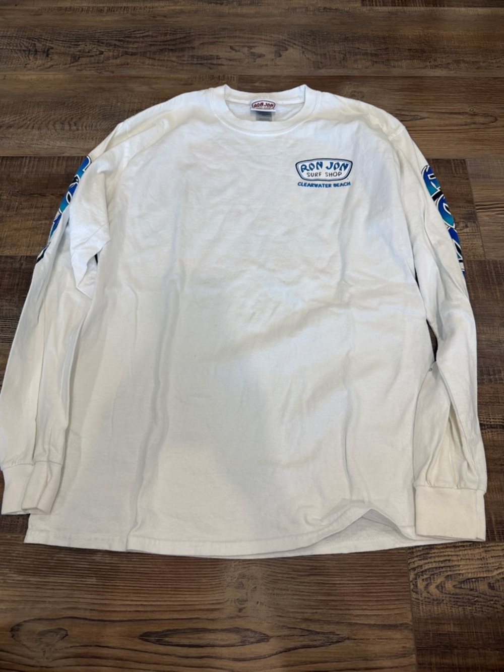 Ron Jon White Long Sleeve Tee with Blue Surf Graphics Clearwater size medium